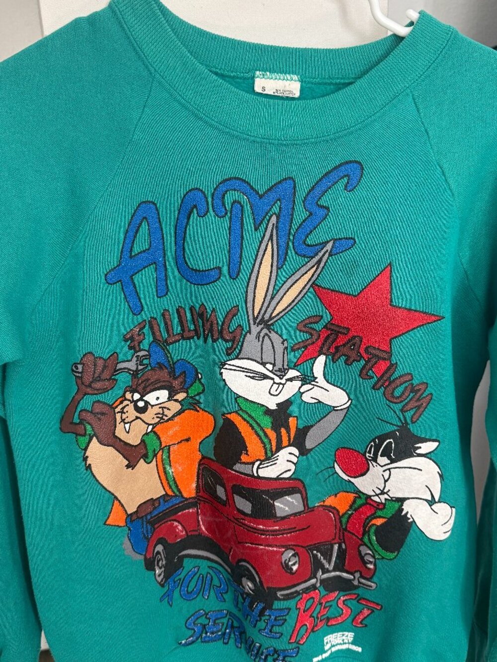 Vintage Teal 1994 Looney Tunes ACME Mechanics Sweatshirt Size Small Rare Find!
